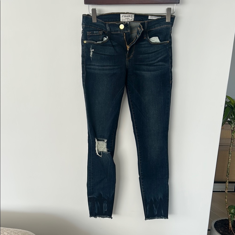 Frame Denim Blue Skinny Jeans with Distressed Details